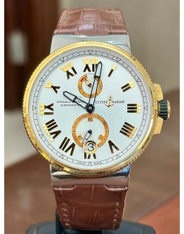 Ulysse Nardin Marine Chronometer Manufacture 1185-122/41  in Steel with Rose Gold Bezel on Brown Alligator Leather Strap with Silver Dial FUUL SET 